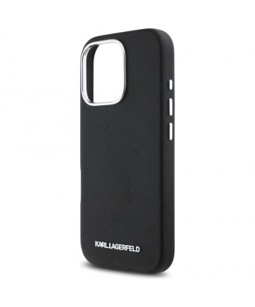 Karl Lagerfeld Saffiano Full Wrapped Elongated Metal Logo MagSafe iPhone 16 Pro Case - Black