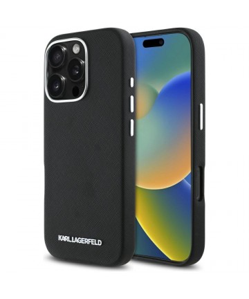 Karl Lagerfeld Saffiano Full Wrapped Elongated Metal Logo MagSafe Case for iPhone 16 Pro Max - Black