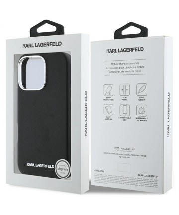 Karl Lagerfeld Saffiano Full Wrapped Elongated Metal Logo MagSafe Case for iPhone 16 Pro Max - Black