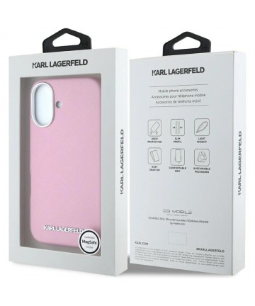 Karl Lagerfeld Saffiano Full Wrapped Elongated Metal Logo MagSafe iPhone 16 Case - Pink