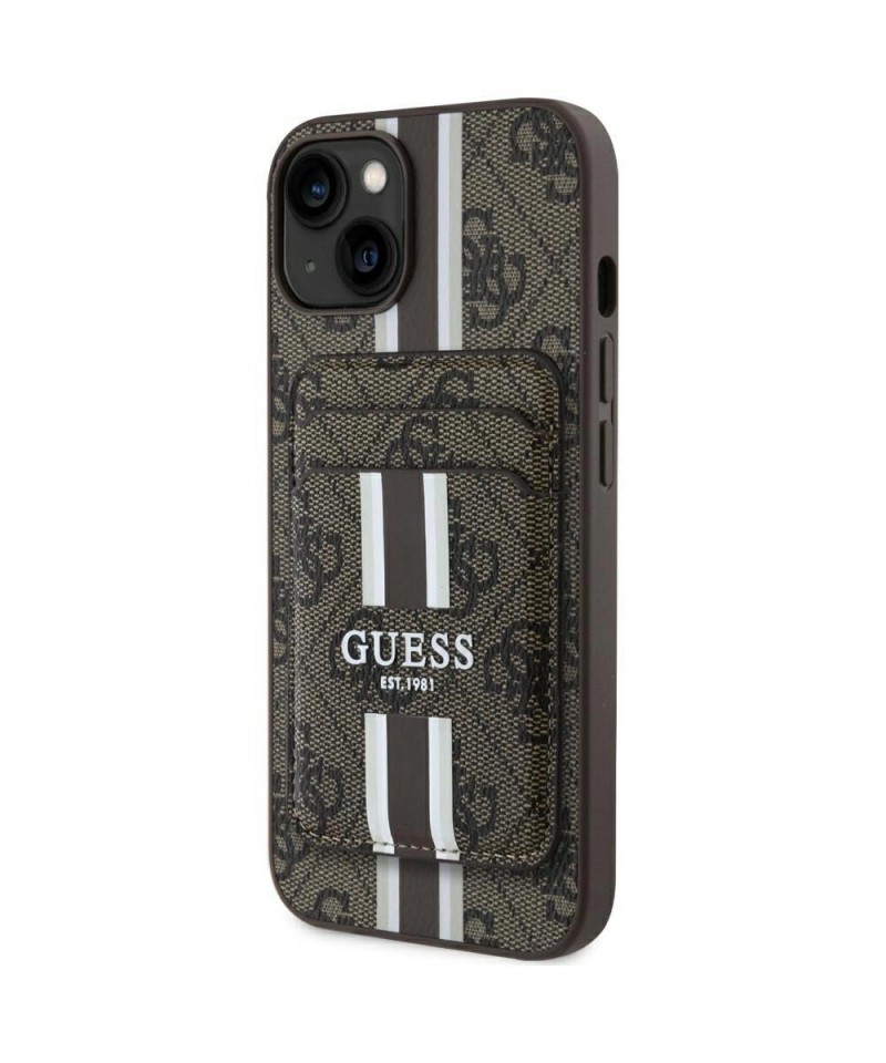 Guess 4G Stripes case with Magsafe wallet for iPhone 15 brown