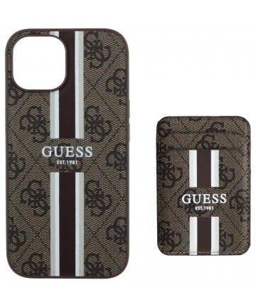 Guess 4G Stripes case with Magsafe wallet for iPhone 15 brown