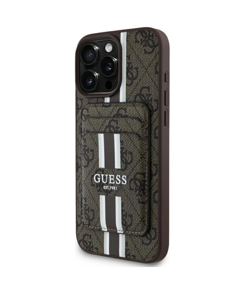 Guess 4G Stripes case with Magsafe wallet for iPhone 16 Pro Max brown