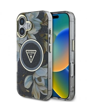 Guess Glitter Flowers Triangle Buttons MagSafe case for iPhone 16 black