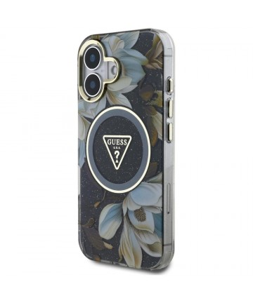 Guess Glitter Flowers Triangle Buttons MagSafe case for iPhone 16 black