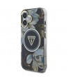 Guess Glitter Flowers Triangle Buttons MagSafe case for iPhone 16 black
