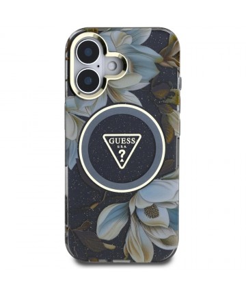 Guess Glitter Flowers Triangle Buttons MagSafe case for iPhone 16 black