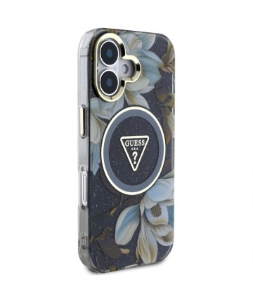 Guess Glitter Flowers Triangle Buttons MagSafe case for iPhone 16 black