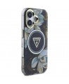 Guess Glitter Flowers Triangle Buttons MagSafe case for iPhone 16 black
