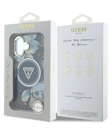 Guess Glitter Flowers Triangle Buttons MagSafe case for iPhone 16 black