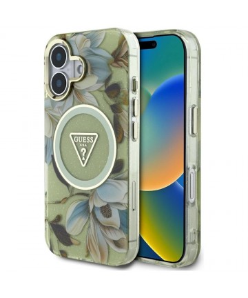 Guess Glitter Flowers Triangle Buttons MagSafe case for iPhone 16 green