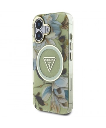 Guess Glitter Flowers Triangle Buttons MagSafe case for iPhone 16 green