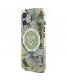 Guess Glitter Flowers Triangle Buttons MagSafe case for iPhone 16 green