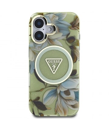 Guess Glitter Flowers Triangle Buttons MagSafe case for iPhone 16 green