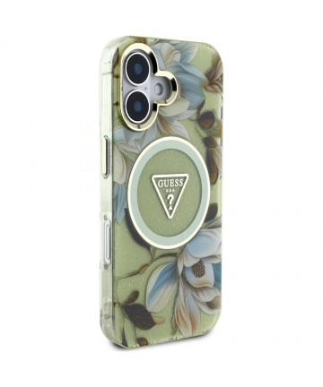 Guess Glitter Flowers Triangle Buttons MagSafe case for iPhone 16 green