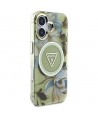 Guess Glitter Flowers Triangle Buttons MagSafe case for iPhone 16 green