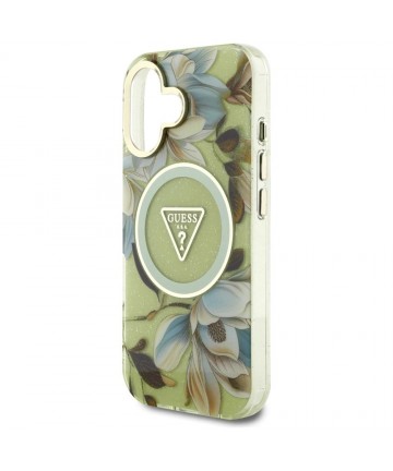 Guess Glitter Flowers Triangle Buttons MagSafe case for iPhone 16 green