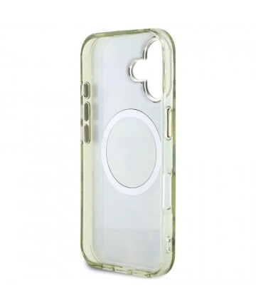 Guess Glitter Flowers Triangle Buttons MagSafe case for iPhone 16 green