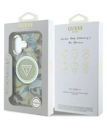 Guess Glitter Flowers Triangle Buttons MagSafe case for iPhone 16 green
