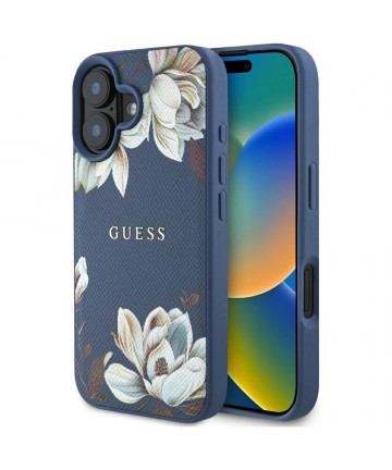 Guess Grained Printed Flower Pattern MagSafe case for iPhone 16 blue