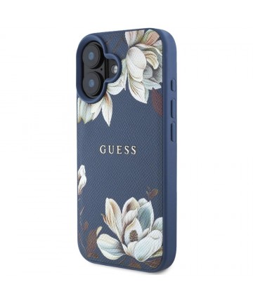 Guess Grained Printed Flower Pattern MagSafe case for iPhone 16 blue