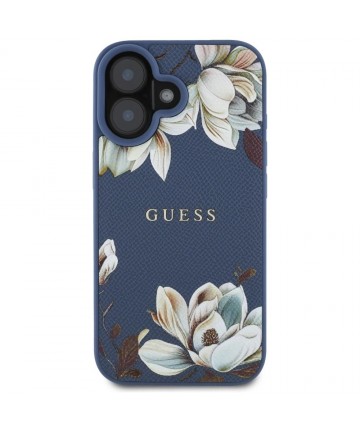 Guess Grained Printed Flower Pattern MagSafe case for iPhone 16 blue