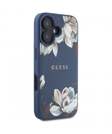 Guess Grained Printed Flower Pattern MagSafe case for iPhone 16 blue