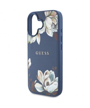 Guess Grained Printed Flower Pattern MagSafe case for iPhone 16 blue