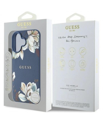 Guess Grained Printed Flower Pattern MagSafe case for iPhone 16 blue