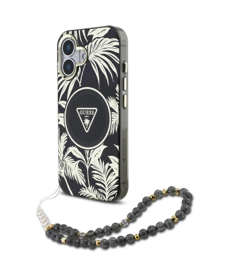 Guess Palm Trees Triangle Pearl Strap MagSafe case for iPhone 16 black