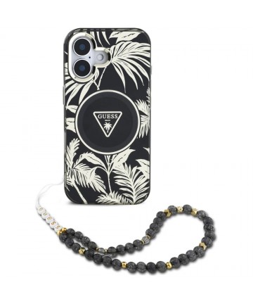 Guess Palm Trees Triangle Pearl Strap MagSafe case for iPhone 16 black