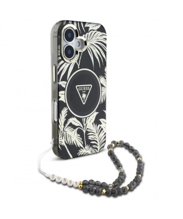 Guess Palm Trees Triangle Pearl Strap MagSafe case for iPhone 16 black