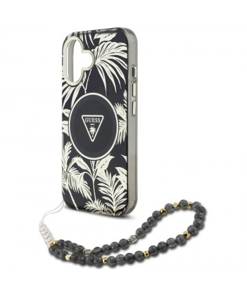 Guess Palm Trees Triangle Pearl Strap MagSafe case for iPhone 16 black