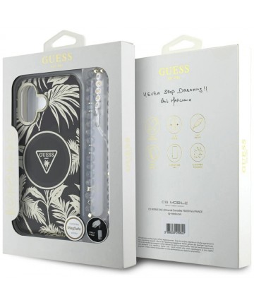 Guess Palm Trees Triangle Pearl Strap MagSafe case for iPhone 16 black