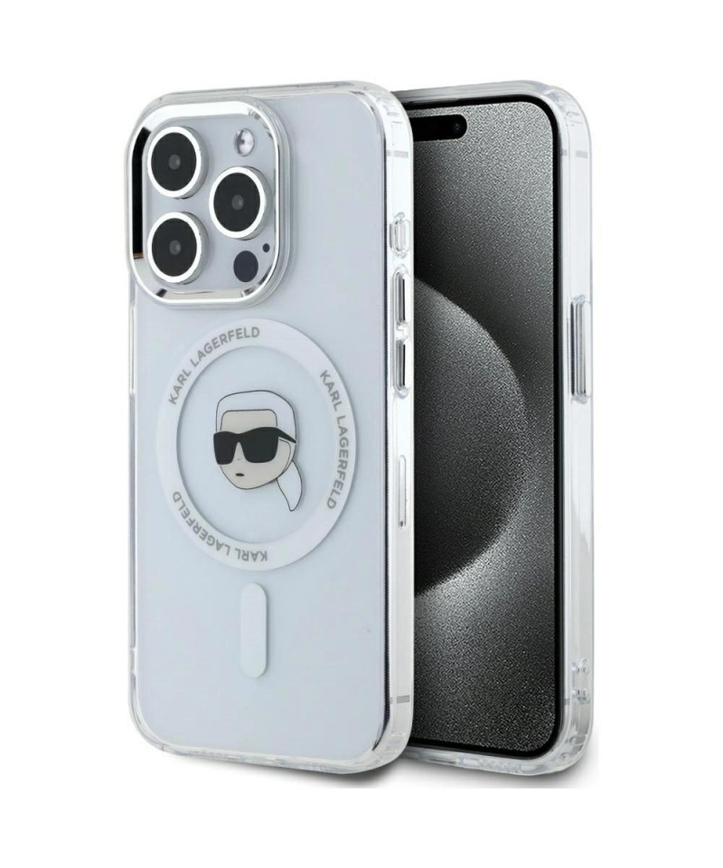 Karl Lagerfeld IML Metal Karl Head MagSafe Case for iPhone 15 Pro White