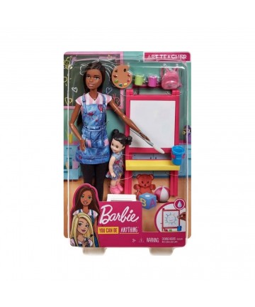 Mattel Barbie You Can be Anything - Dark Skin Doll Art Teacher with Brunette kid Doll (GJM30)