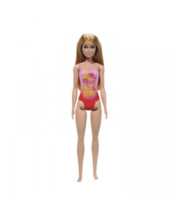 Mattel Barbie: Beach - Blond Hair Doll Wearing Pink Palm Tree-Print Swimsuit (HXX48)