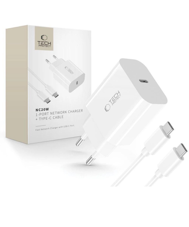 Tech-Protect NC20W PD20W USB-C wall charger with USB-C cable - white