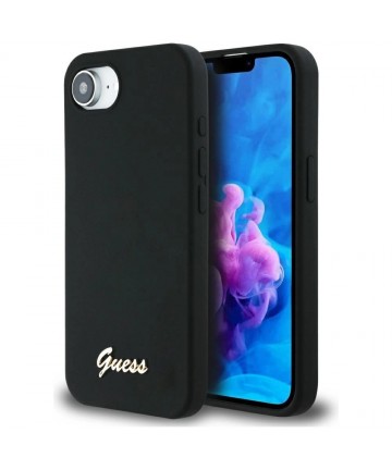 Guess Silicone Script Metal Logo MagSafe iPhone 16e Case - Black