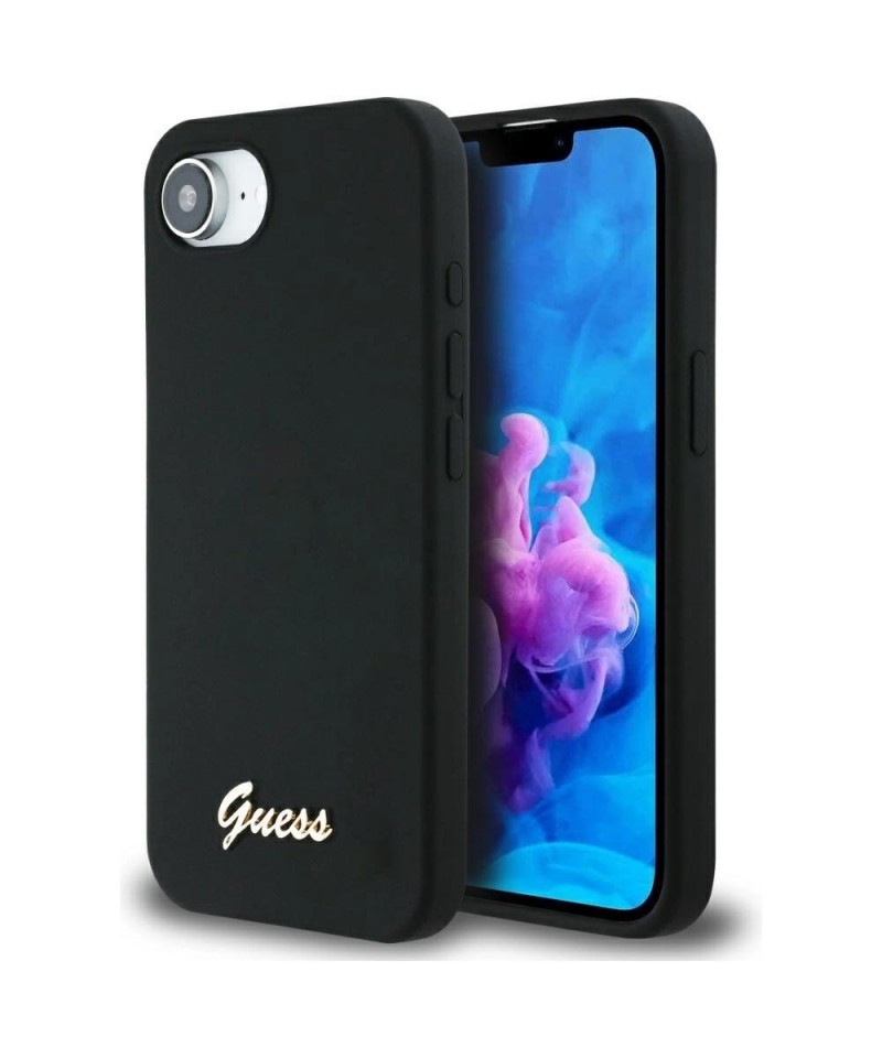 Guess Silicone Script Metal Logo MagSafe iPhone 16e Case - Black