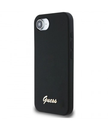 Guess Silicone Script Metal Logo MagSafe iPhone 16e Case - Black