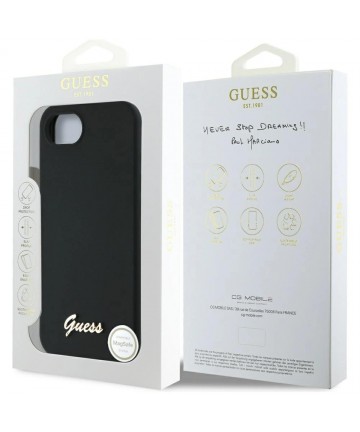 Guess Silicone Script Metal Logo MagSafe iPhone 16e Case - Black