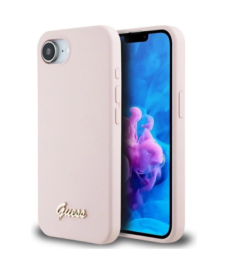 Guess Silicone Script Metal Logo MagSafe iPhone 16e Case - Pink