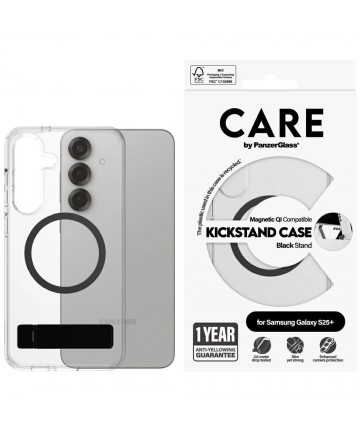 CARE by PanzerGlass Feature Black Kickstand & QI Case for Samsung Galaxy S25+ - Transparent