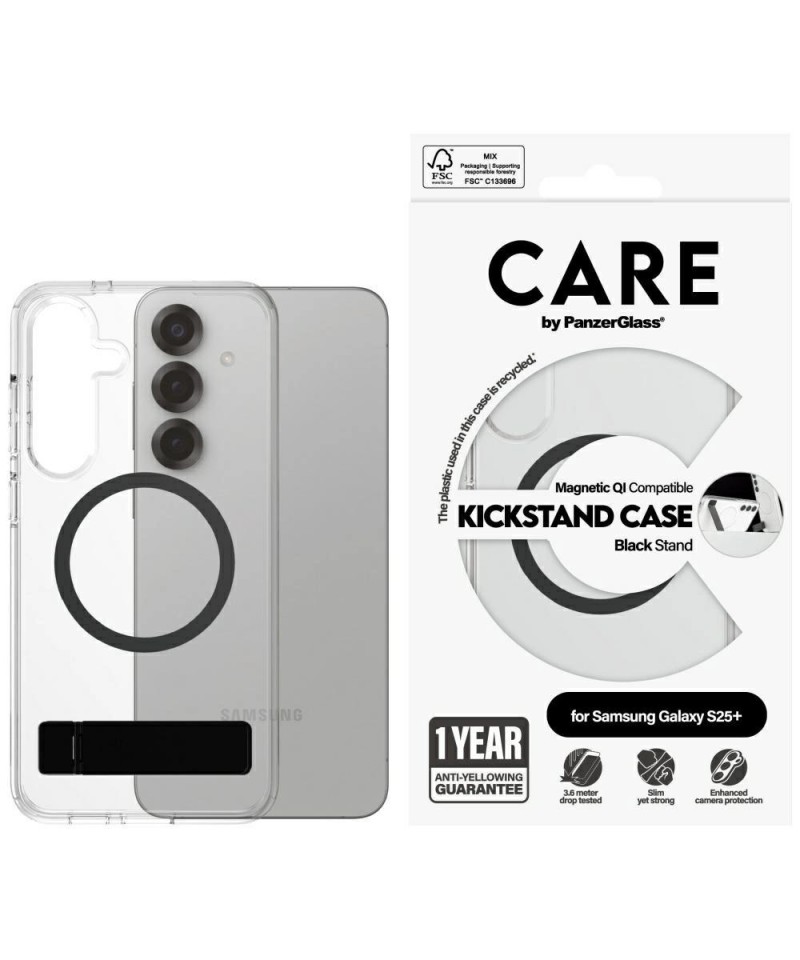 CARE by PanzerGlass Feature Black Kickstand & QI Case for Samsung Galaxy S25+ - Transparent