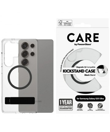 CARE by PanzerGlass Feature Black Kickstand & QI Case for Samsung Galaxy S25 Ultra - Transparent