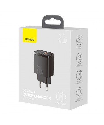 Baseus Compact fast charger USB / USB Type C 20W 3A Power Delivery Quick Charge 3.0 black (CCXJ-B01)