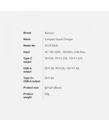Baseus Compact fast charger USB / USB Type C 20W 3A Power Delivery Quick Charge 3.0 black (CCXJ-B01)