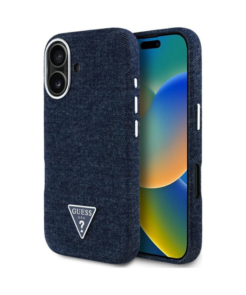 Guess Denim Triangle Logo MagSafe iPhone 16 Case - Blue