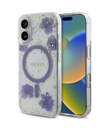 Guess Resin Flowers Glitter MagSafe case for iPhone 16 - purple